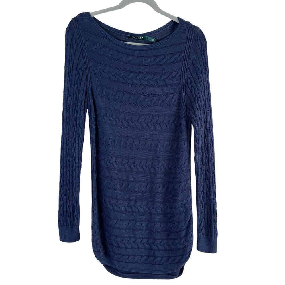 Lauren‎ Ralph Lauren Cable Knit Long Sleeve Sweater Tunic Navy Blue, Large - Picture 1 of 10